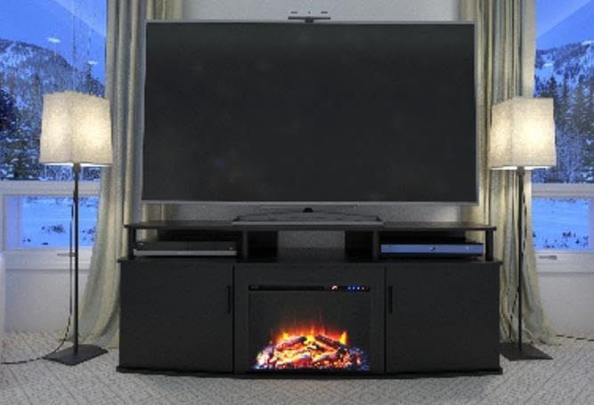 Ameriwood Home Carson Fireplace TV Stand for TVs up to 70 Inch, Replaceable Electric Fireplace Insert Heater, Realistic Log and Flame Effect, For Living Room or Bedroom, Black - LeafyLoom