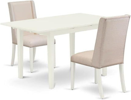 East West Furniture NOFL3-LWH-01 3 Piece Dinette Set for Small Spaces Contains a Rectangle Butterfly Leaf Table and 2 Cream Linen Fabric Upholstered Chairs, 32x54 Inch - LeafyLoom
