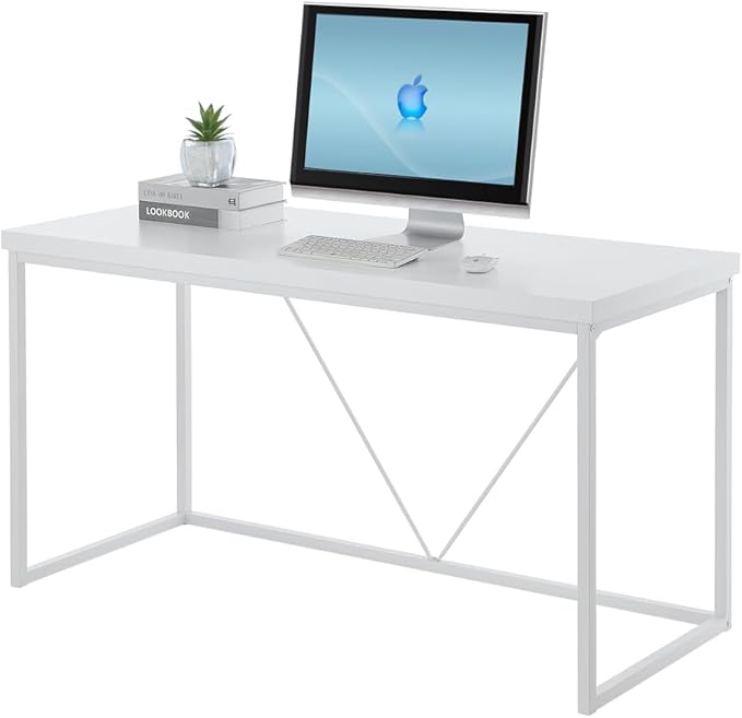Home Office Desk, Metal and Wood Computer Desk, Modern Rustic Work Study Writing Table for Living Room Bedroom, White Oak, 55 inch - LeafyLoom