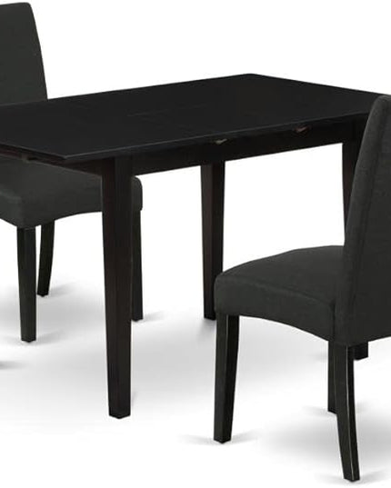 East West Furniture Norfolk 3 Piece Modern Dining Set Contains a Rectangle Wooden Table with Butterfly Leaf and 2 Black Color Linen Fabric Parson Chairs, 32x54 Inch - LeafyLoom
