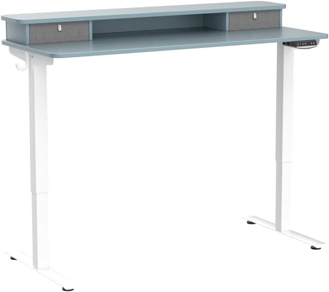 FEZIBO 55 x 24 Inch Height Adjustable Electric Standing Desk with Double Drawer, Stand Up Desk with Storage Shelf, Sit Stand Desk, Blue - LeafyLoom