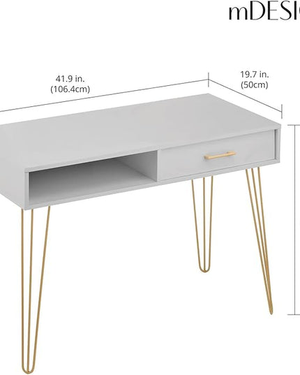 mDesign Metal/Wood Modern Computer Desk - Minimalist Desk and Computer Table with Drawer - Simple Desk with Storage Cubby and Hairpin Legs - Small Work Desk for Home Office, Study - Gray/Soft Brass - LeafyLoom