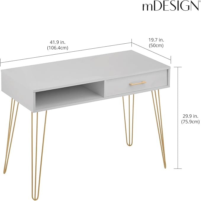 mDesign Metal/Wood Modern Computer Desk - Minimalist Desk and Computer Table with Drawer - Simple Desk with Storage Cubby and Hairpin Legs - Small Work Desk for Home Office, Study - Gray/Soft Brass - LeafyLoom