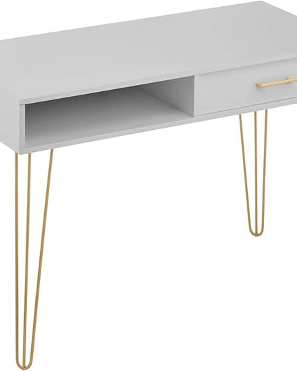 mDesign Metal/Wood Modern Computer Desk - Minimalist Desk and Computer Table with Drawer - Simple Desk with Storage Cubby and Hairpin Legs - Small Work Desk for Home Office, Study - Gray/Soft Brass - LeafyLoom