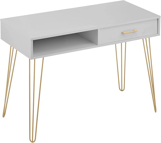 mDesign Metal/Wood Modern Computer Desk - Minimalist Desk and Computer Table with Drawer - Simple Desk with Storage Cubby and Hairpin Legs - Small Work Desk for Home Office, Study - Gray/Soft Brass - LeafyLoom