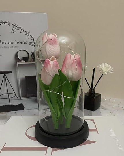 LED Tulip Lamp Artificial Flower Night Light Handmade Light up Tulips in Glass Dome Table Lamp Ornaments Desktop Decor - Battery Operated (Pink-Colour light) - LeafyLoom