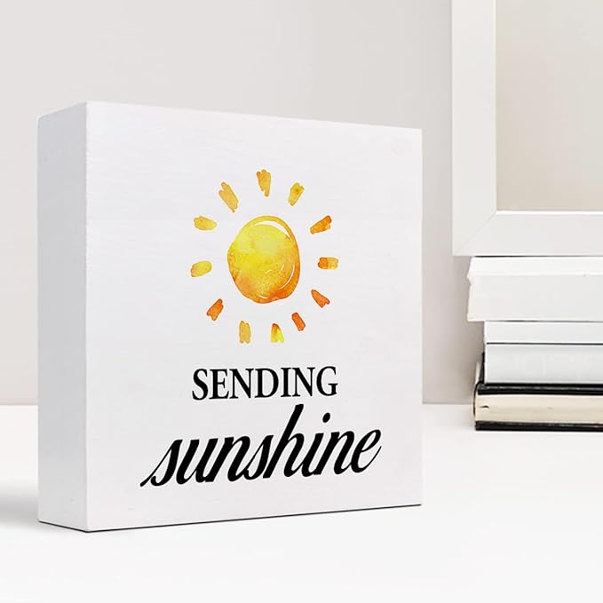 Sending Sunshine Wood Block Sign Desk Decor,Rustic Inspirational Wooden Box Plaque Sign Desk Decor for Home Office Shelf Table Decorations - LeafyLoom