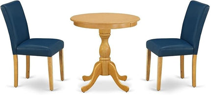 East West Furniture Eden 3 Piece Room Furniture Set Contains a Round Dining Table with Pedestal and 2 Oasis Blue Faux Leather Upholstered Chairs, 30x30 Inch, ESAB3-OAK-55 - LeafyLoom