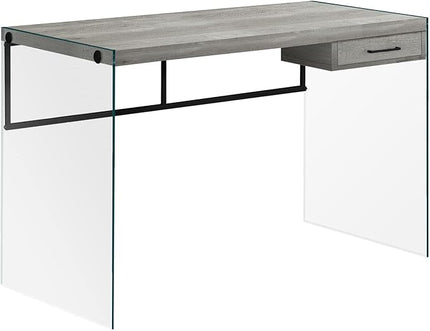 Monarch Specialties Computer Desk - Contemporary Writing Desk with Drawer - Tempered Glass Legs - 48"L (Grey Reclaimed Wood Look) - LeafyLoom
