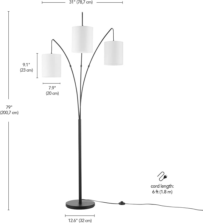 Globe Electric 65913 79" 3-Light Floor Lamp, Matte Black, White Linen Shade, in-Line On/Off Foot Switch - LeafyLoom