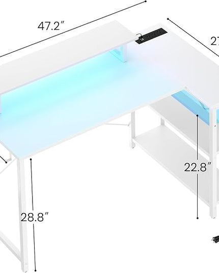 Homieasy L Shaped Gaming Desk with Power Outlet & LED Light, 47 Inch Computer Desk with Storage Shelves, Reversible Corner Desk with Monitor Stand Headset Hooks for Home Office, White - LeafyLoom