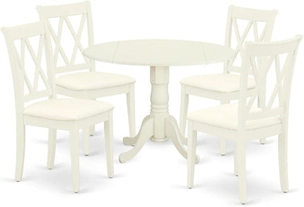 East West Furniture DLCL5-WHI-C Dublin 5 Piece Room Set Includes a Round Dining Table with Dropleaf and 4 Fabric Upholstered Chairs, 42x42 Inch, Linen White - LeafyLoom