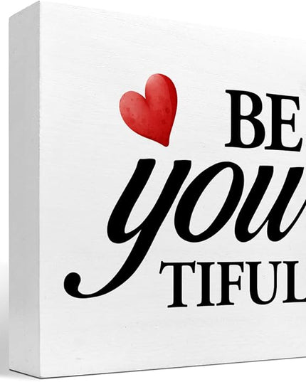 Be You Tiful Sign,Inspirational Quote Wood Box Sign,Motivational Wooden Block Signs,Positive Wood Signs,Decorations for Home Women Girl Room Office Shelf Table Decor - LeafyLoom