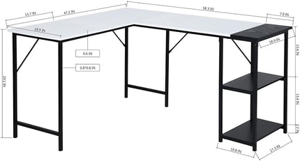 FurnitureR L-Shaped 58.3''Corner Computer Desk with Storage Shelf Long Gaming Desk for Home Office PC Workstation Saving Space Laptop Table (White and Black) - LeafyLoom