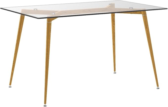 IDS Home Office Furniture Contemporary Computer Desk, 0.31” inch Tempered Transparent Glass Tabletop Writing Table (Metal Leg(Wooden Skin)) - LeafyLoom