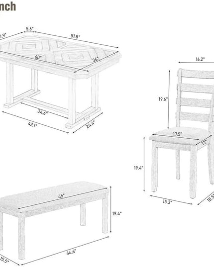 6-Piece Pattern Tabletop Dining Table Set with 4 Soft Cushion Chairs & Bench for Kitchen, Breakfast Nook, Living Room, 60" L x 36" W x 30.3" H, Gray(Beautiful Wood Grain) - LeafyLoom