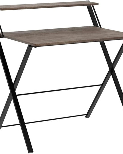GreenForest Folding Desk No Assembly Required Small Size, 2-Tier Foldable Computer Desk with Shelf for Home Office, Space Saving Portable Laptop Study Foldable Table for Small Spaces, Brown - LeafyLoom