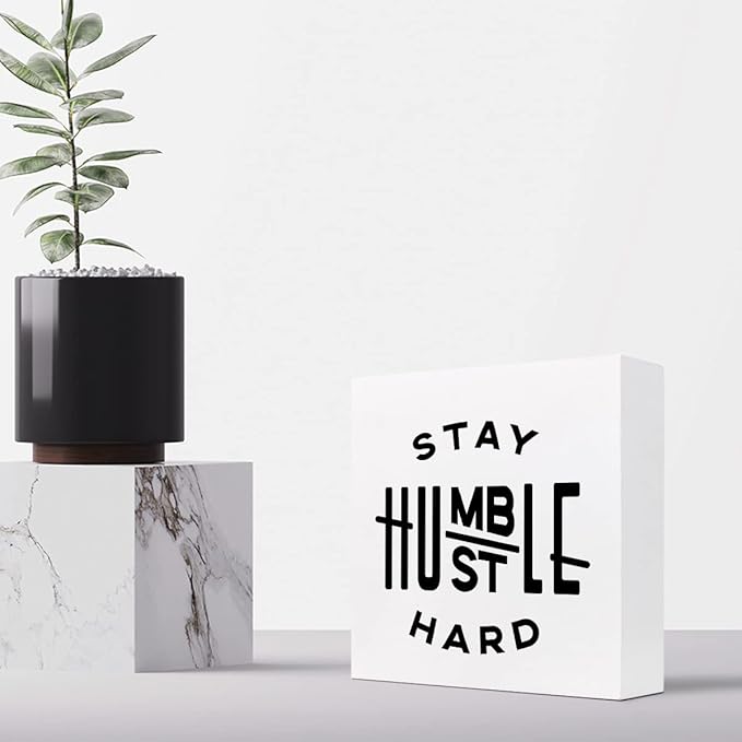 Stay Humble Hustle Hard Sign,Inspirational Quote Wood Box Sign,Motivational Wooden Block Signs,Positive Wood Signs,Entrepreneur Decorations for Home Office Shelf Table Decor - LeafyLoom