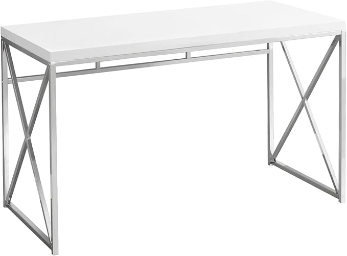 Monarch Specialties 7205 Computer Desk, Home Office, Laptop, Work, Laminate, Contemporary, Modern Desk-48 L Glossy White Chrome Metal, 47.25" L x 23.75" W x 29.75" H - LeafyLoom