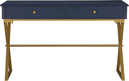 Linon Campaign Desk Navy with Gold Legs, Blue - LeafyLoom