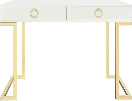 Nathan James Leighton Two-Drawer Writing Glam Accents Brass, Home Office Computer Desk or Vanity Table, 2, White/Gold, Small - LeafyLoom