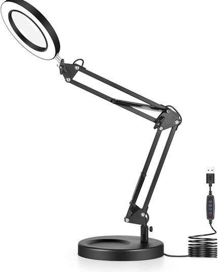 Meichoon LED Desk Lamp with Round Base 5X Magnifying Glass Foldable Arm Eye-Caring USB Table Light 3 Color Modes 10 Brightness Levels for Home Office Reading Makeup Crafts Repair UC38 Black - LeafyLoom