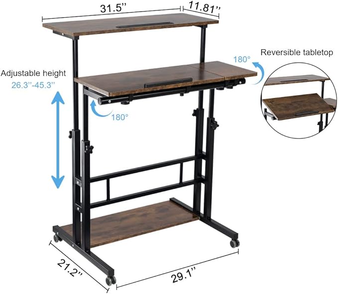 Hadulcet Mobile Standing Desk, Rolling Table Adjustable Computer Desk, Stand Up Laptop Desk Mobile Workstation for Home Office Classroom with Wheels, 31.49 x 23.6 in Rustic Brown - LeafyLoom
