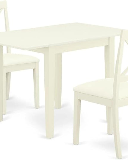 East West Furniture NDBO3-LWH-LC Norden 3 Piece Room Set Contains a Rectangle Dining Table with Dropleaf and 2 Faux Leather Upholstered Chairs, 30x48 Inch, Linen White - LeafyLoom