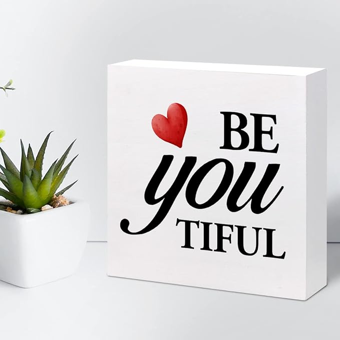Be You Tiful Sign,Inspirational Quote Wood Box Sign,Motivational Wooden Block Signs,Positive Wood Signs,Decorations for Home Women Girl Room Office Shelf Table Decor - LeafyLoom