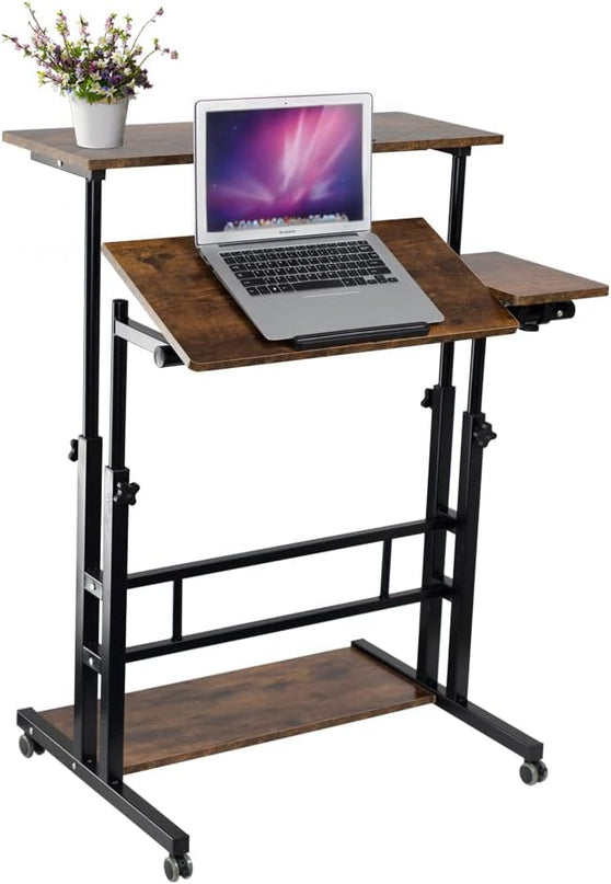 Hadulcet Mobile Standing Desk, Rolling Table Adjustable Computer Desk, Stand Up Laptop Desk Mobile Workstation for Home Office Classroom with Wheels, 31.49 x 23.6 in Rustic Brown - LeafyLoom