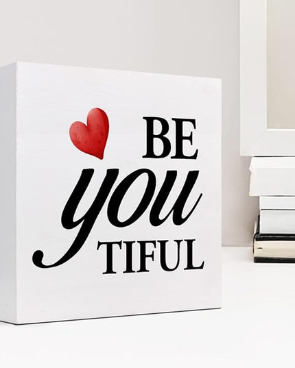 Be You Tiful Sign,Inspirational Quote Wood Box Sign,Motivational Wooden Block Signs,Positive Wood Signs,Decorations for Home Women Girl Room Office Shelf Table Decor - LeafyLoom