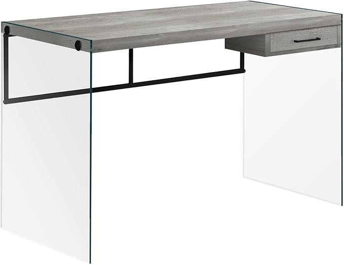 Monarch Specialties Computer Desk - Contemporary Writing Desk with Drawer - Tempered Glass Legs - 48"L (Grey Reclaimed Wood Look) - LeafyLoom
