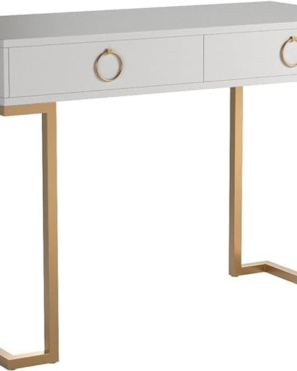 Nathan James Leighton Two-Drawer Writing Glam Accents Brass, Home Office Computer Desk or Vanity Table, 2, White/Gold, Small - LeafyLoom