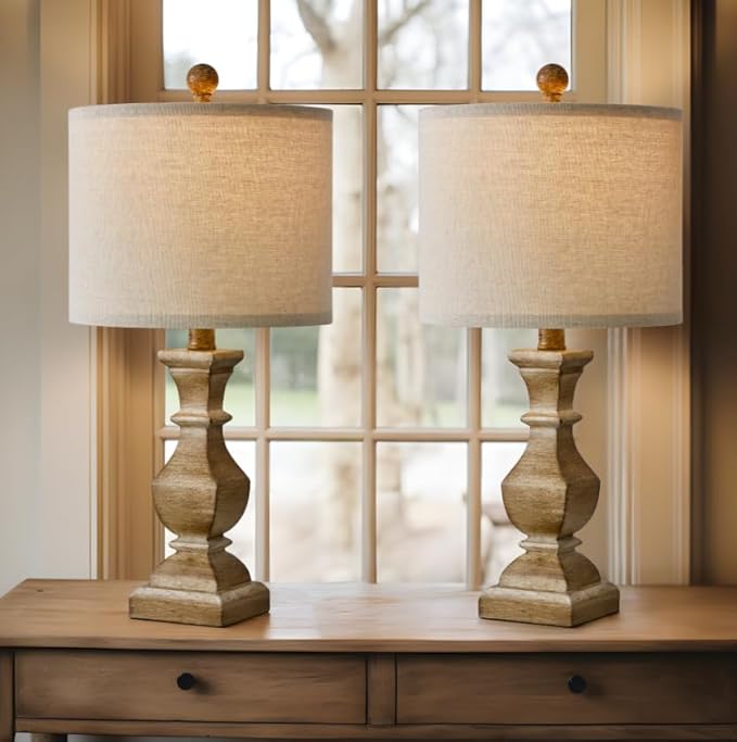 PoKat 20.5" Mid Century Table Lamp Sets of 2 for Living Room Retro Style Farmhouse Table Lamp for Bedroom Classic Beige Resin Bedside Night Light Lamps - LeafyLoom