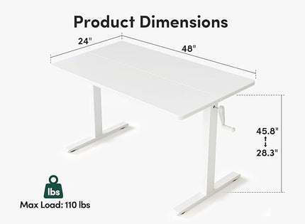 FEZIBO Crank Height Adjustable Desk, 48 Inches Manual Standing Desk, Writing Table with Handle, Home Office Desk with White Frame/White Table Top - LeafyLoom
