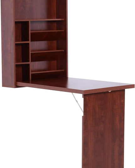 HOMCOM Compact Fold Out Wall Mounted Convertible Desk with Storage, Mahogany - LeafyLoom