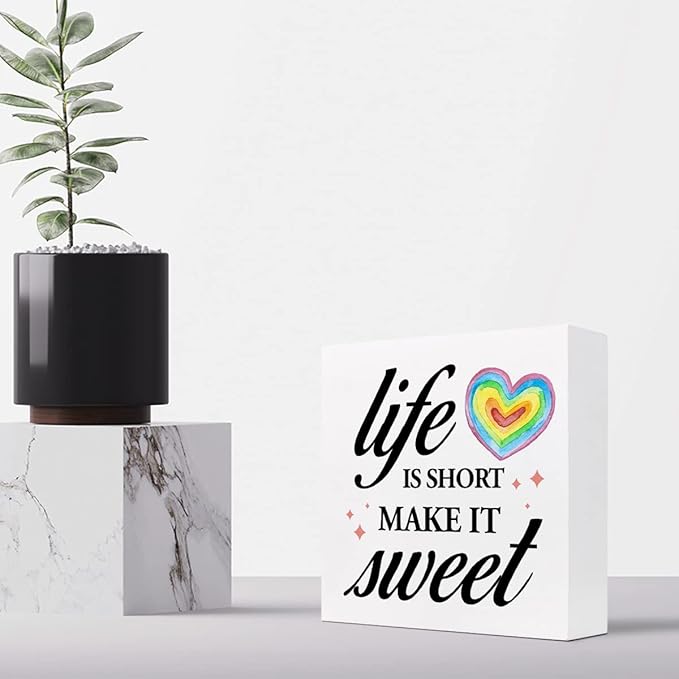Life Is Short Make It Sweet Sign,Inspirational Quote Wood Box Sign,Motivational Signs Wooden Block Rainbow Decorations for Home Office Shelf Decor - LeafyLoom