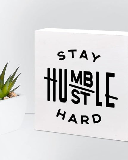 Stay Humble Hustle Hard Sign,Inspirational Quote Wood Box Sign,Motivational Wooden Block Signs,Positive Wood Signs,Entrepreneur Decorations for Home Office Shelf Table Decor - LeafyLoom