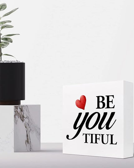 Be You Tiful Sign,Inspirational Quote Wood Box Sign,Motivational Wooden Block Signs,Positive Wood Signs,Decorations for Home Women Girl Room Office Shelf Table Decor - LeafyLoom