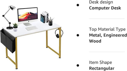 Lufeiya Computer Desk Small White Gold Writing Table for Home Office Compact Spaces 39 Inch Modern Student Study Desk,White Gold - LeafyLoom