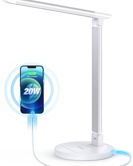 Desk Lamp, Dimmable Desk Light with USB Charging Port, Led Desk Lamp with 10 Brightness Levels & 5 Color Temperature, Touch Control, Adjustable Arm, Eye-Caring for Home Office Bedroom Reading - LeafyLoom