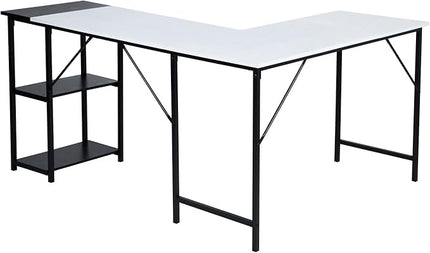 FurnitureR L-Shaped 58.3''Corner Computer Desk with Storage Shelf Long Gaming Desk for Home Office PC Workstation Saving Space Laptop Table (White and Black) - LeafyLoom