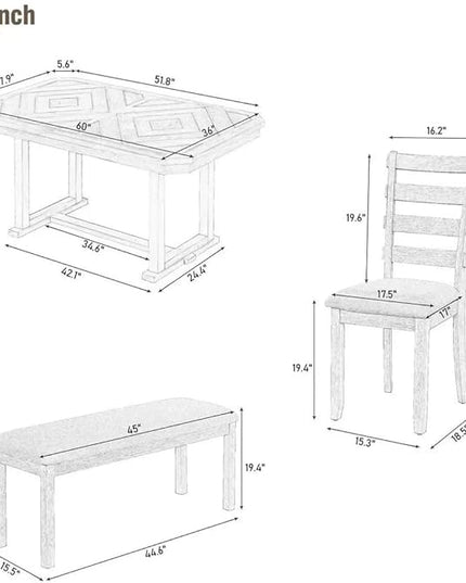 RITSU 6 Piece Family Dining Table Set with Beautiful Smooth Textured Veneer, Features 4 Burlap Upholstered Chairs and Bench for Living Room, Kitchen, Natural Wood Wash, 60inch - LeafyLoom