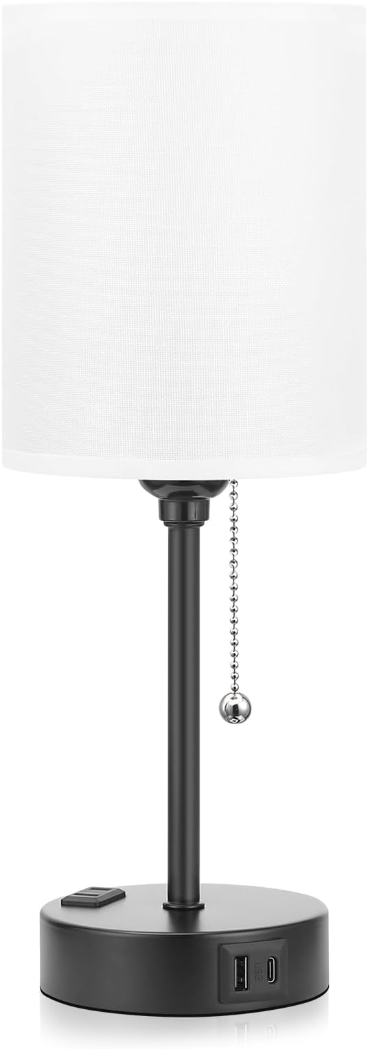 Small Bedroom Lamps with USB C and A Ports 3 Color Temperatures - 2700K 3500K 5000K Pull Chain White Nightstand Bedside Table Lamps with AC Outlet, Metal Base for Kids Reading - LeafyLoom