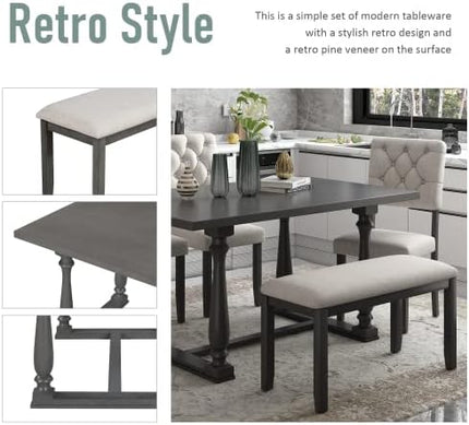 6-Piece Wooden Rectangular Dining Set with 4 Bench, Table with Special-Shaped Legs, Four Fabric Upholstered Tufted Chairs,Modern Industrial Style (Gray) - LeafyLoom