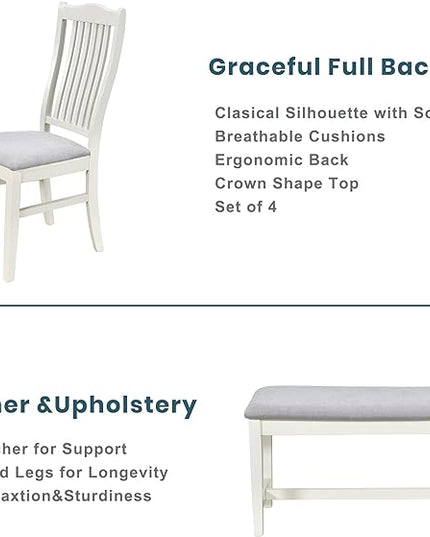 6-Piece Wood Dining Table Set with Drawer, 4 Upholstered Chairs and Bench, for Kitchen, Living Room, Mid-Century Style, Butter Milk, 59" L x 35.4" W x 30.3" H - LeafyLoom