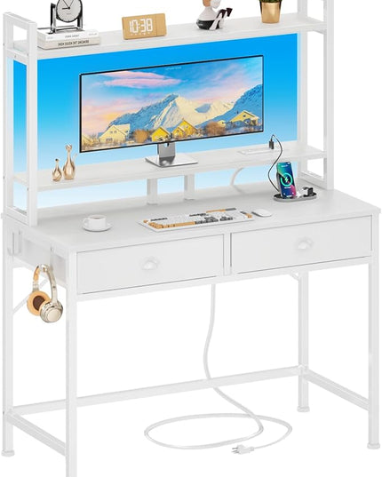 Furologee Small White Computer Desk with Power Outlet and 2 Fabric Drawers, 40" Makeup Vanity Desk with LED Light, Home Office Desk with Monitor Stand, Gaming Desk with Hutch for Small Space - LeafyLoom