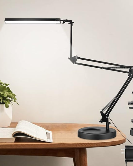 NOEVSBIG LED Desk Lamp with Clamp,2-in-1 Clamp on Desk Lamp with Base,50.7" Adjustable Swing Arm Architect Desk Lamp,Memory Function Desk Lights for Home Office,Workbench,Reading,Craft,Drafting - LeafyLoom