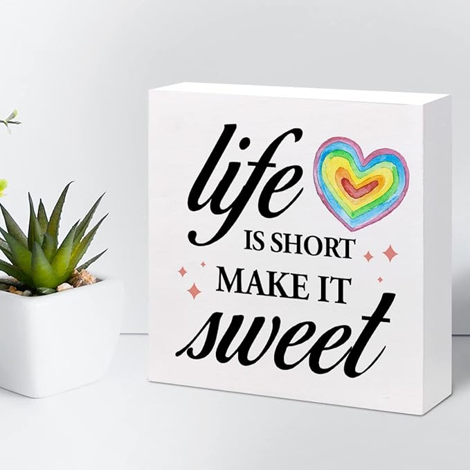 Life Is Short Make It Sweet Sign,Inspirational Quote Wood Box Sign,Motivational Signs Wooden Block Rainbow Decorations for Home Office Shelf Decor - LeafyLoom