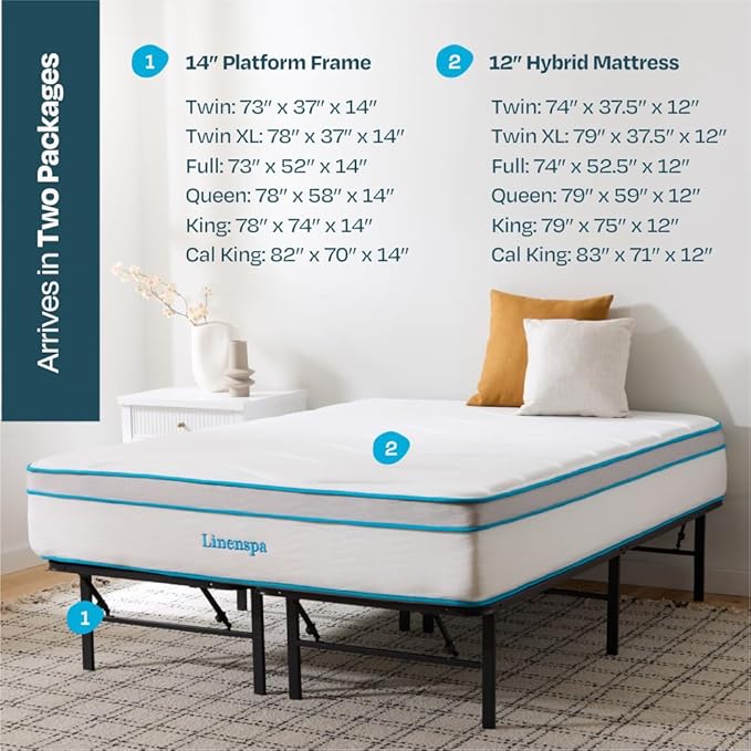 Linenspa 12” Memory Foam and Innerspring Hybrid Mattress + 14” Black Metal Platform Bedframe – Twin Mattress + Metal Folding Twin Bedframe - LeafyLoom